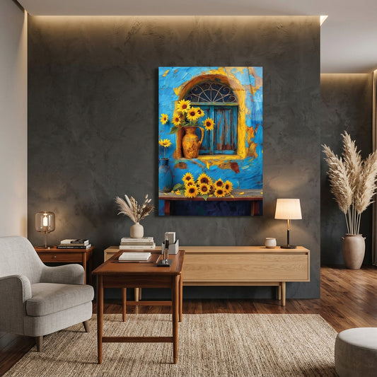 Tournesols et Fenêtre Bleue Tableau en Verre Trempé