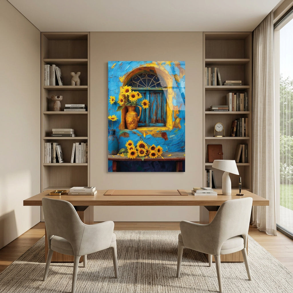 Tournesols et Fenêtre Bleue Tableau en Verre Trempé