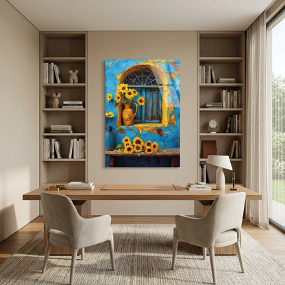 Tournesols et Fenêtre Bleue Tableau en Verre Trempé