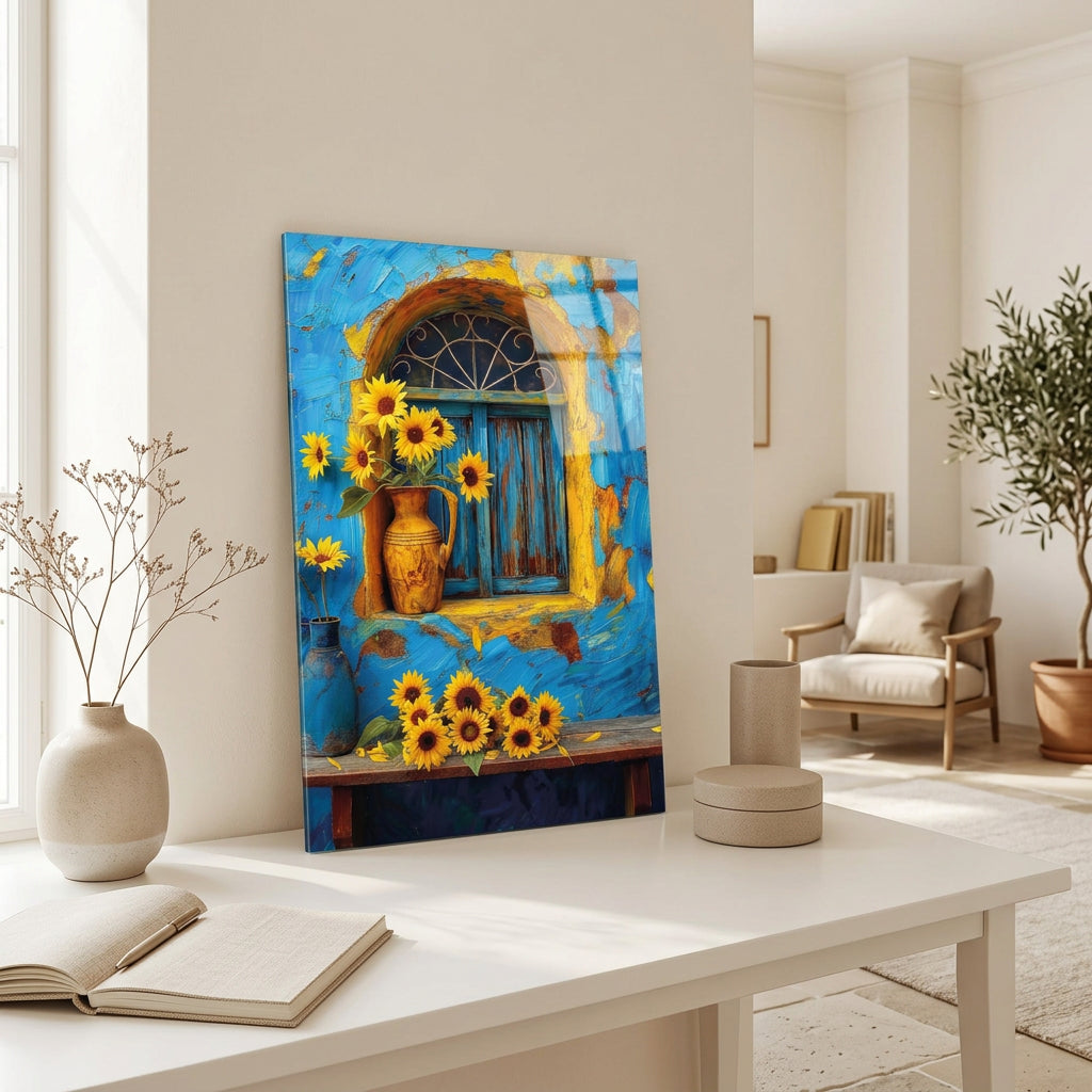 Tournesols et Fenêtre Bleue Tableau en Verre Trempé