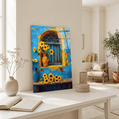 Tournesols et Fenêtre Bleue Tableau en Verre Trempé