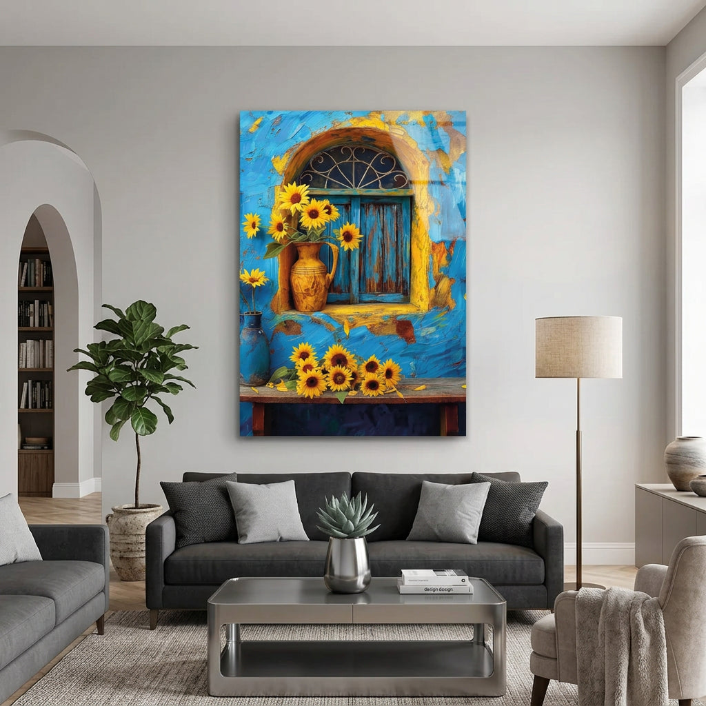 Tournesols et Fenêtre Bleue Tableau en Verre Trempé