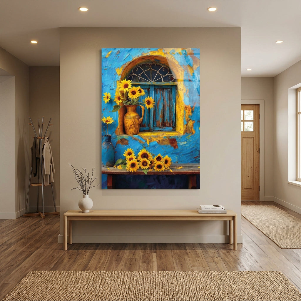 Tournesols et Fenêtre Bleue Tableau en Verre Trempé