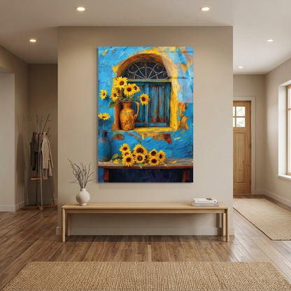 Tournesols et Fenêtre Bleue Tableau en Verre Trempé