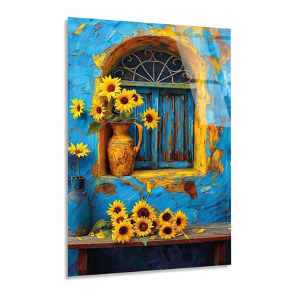 Tournesols et Fenêtre Bleue Tableau en Verre Trempé