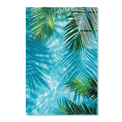 Palm Leaves Turquoise Water Glass Wall Art