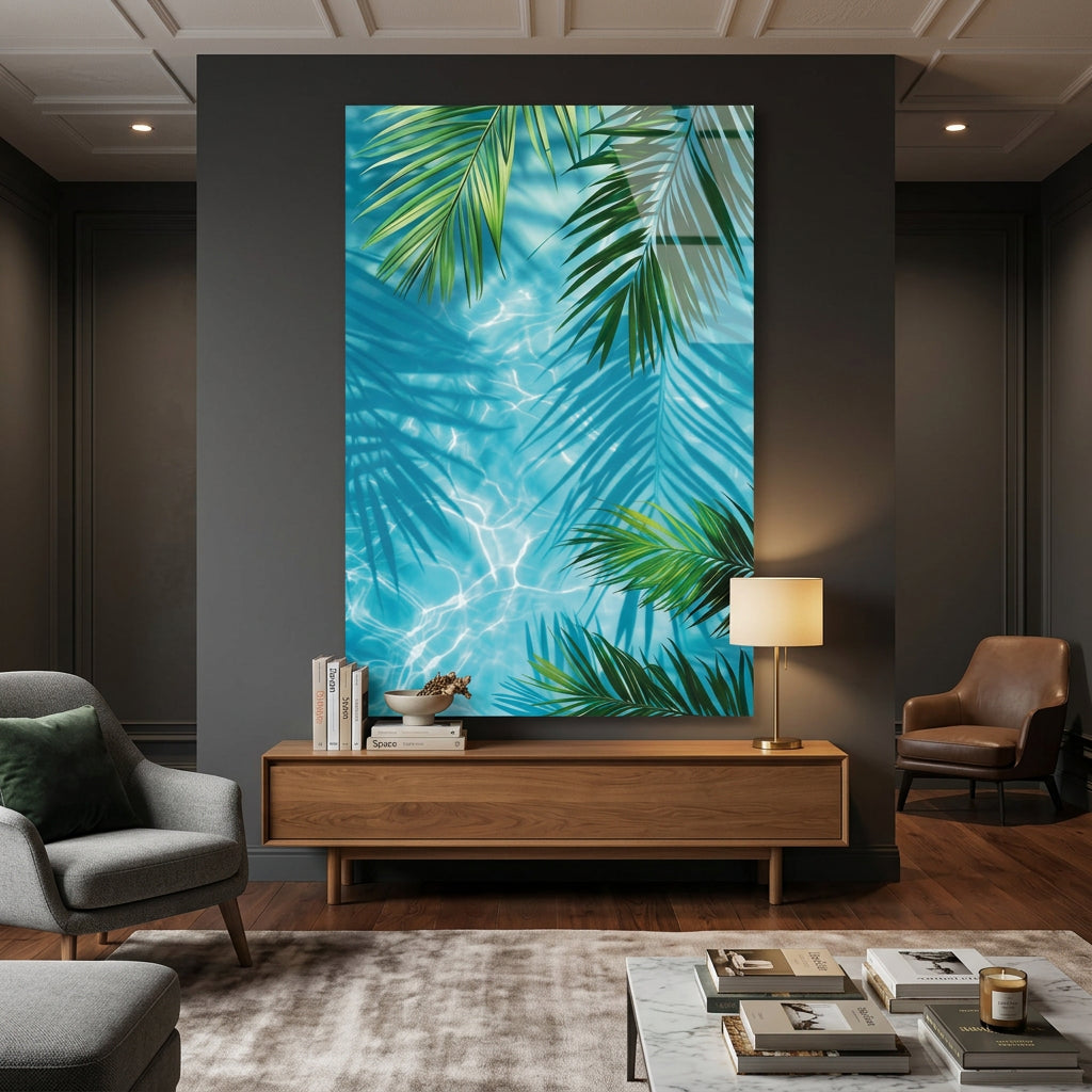 Palm Leaves Turquoise Water Glass Wall Art