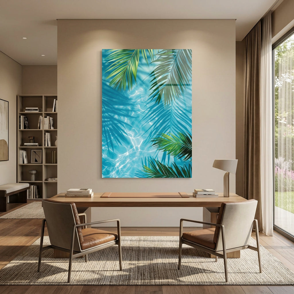 Palm Leaves Turquoise Water Glass Wall Art