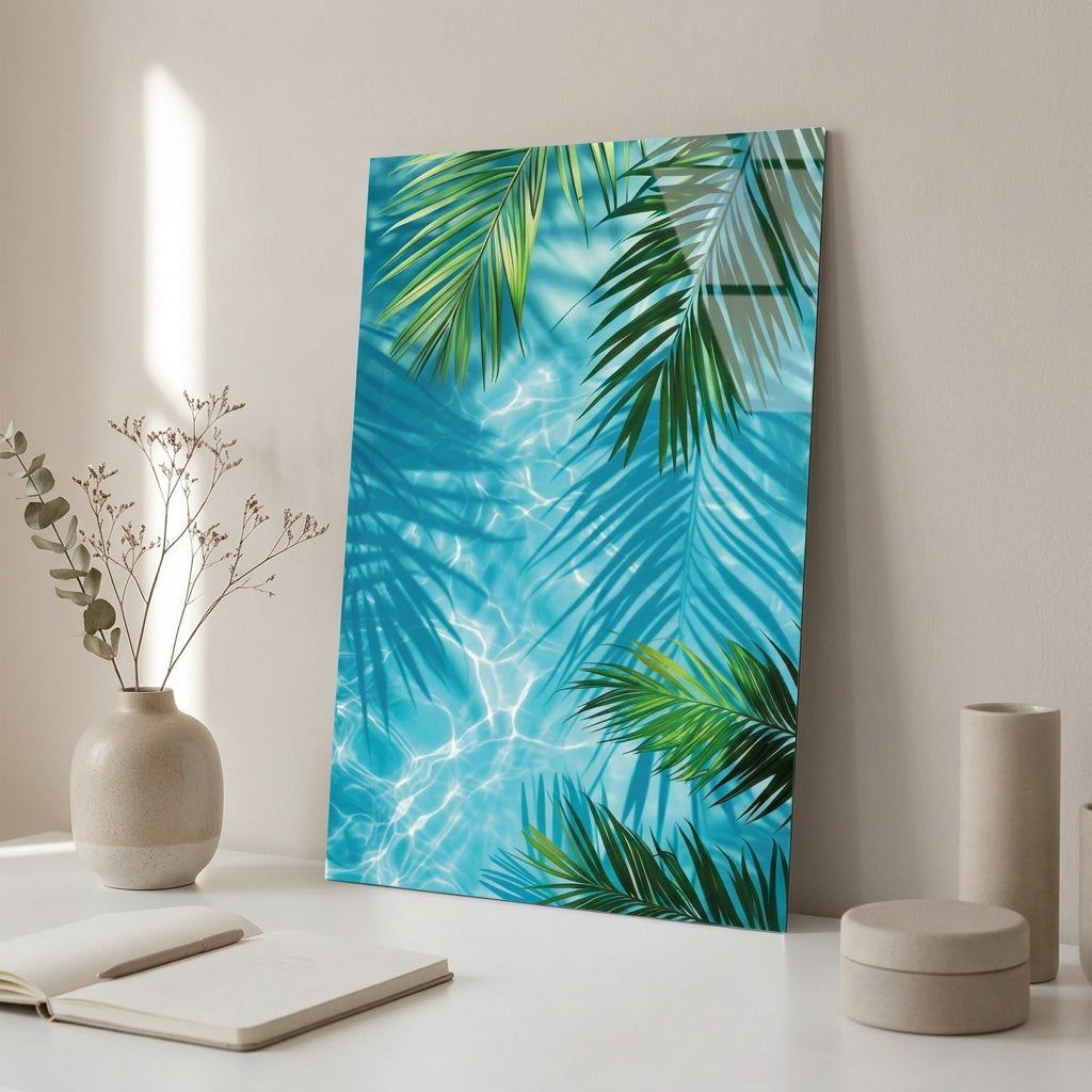 Palm Leaves Turquoise Water Glass Wall Art