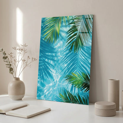 Palm Leaves Turquoise Water Glass Wall Art