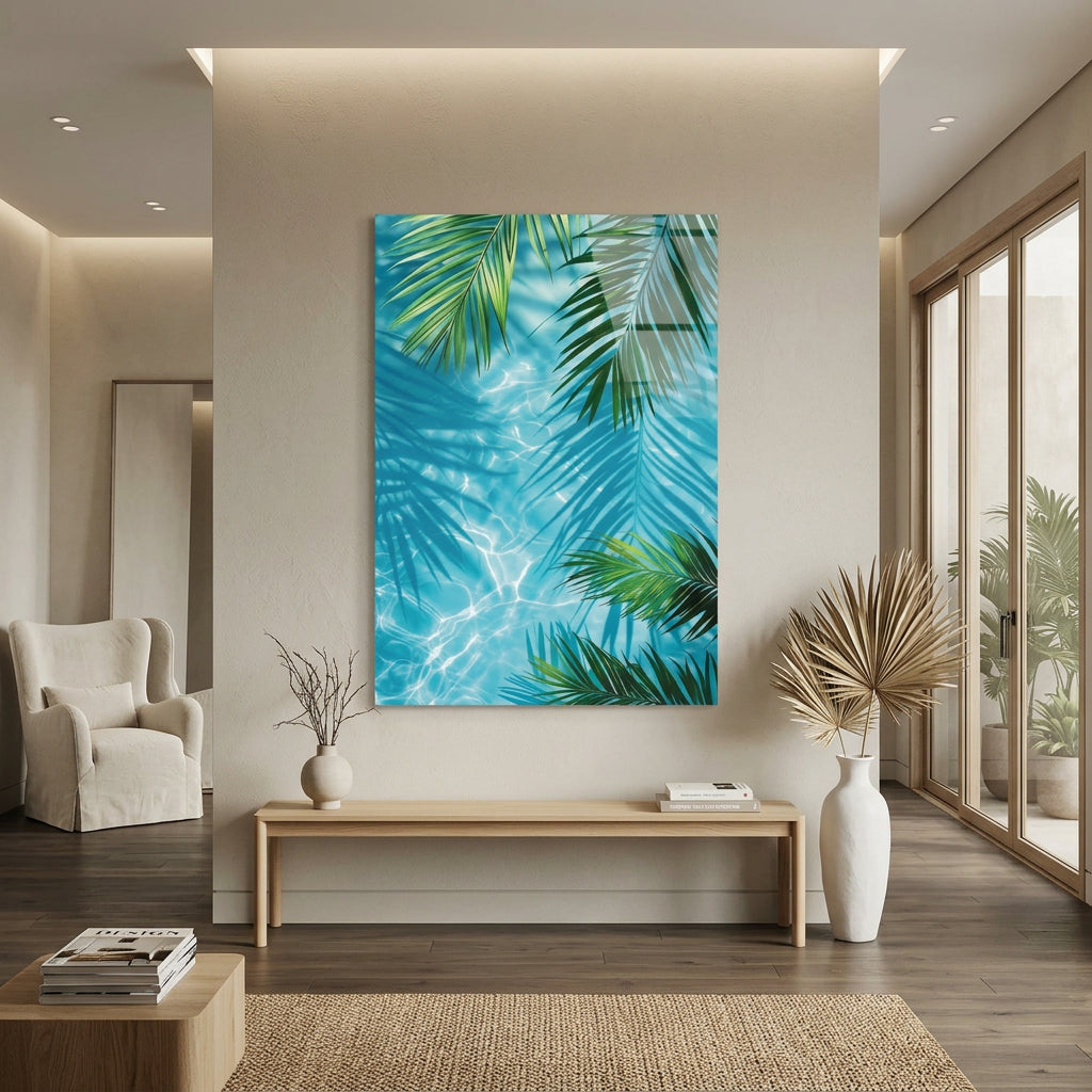 Palm Leaves Turquoise Water Glass Wall Art