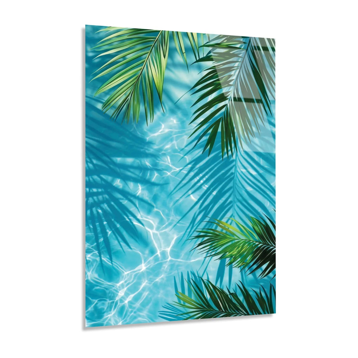 Palm Leaves Turquoise Water Glass Wall Art
