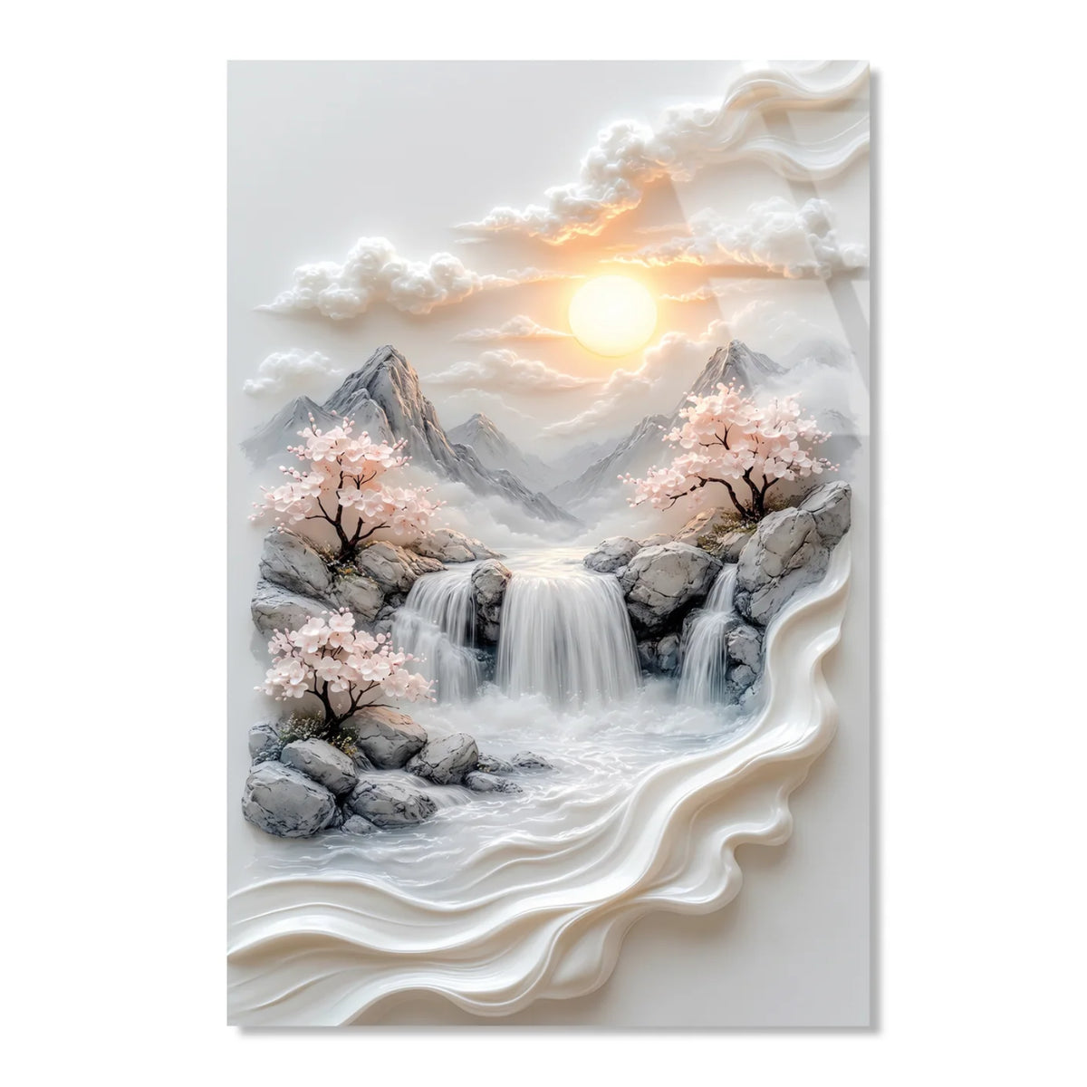 Cascata di Montagna e Fiori Quadro in Vetro Temperato