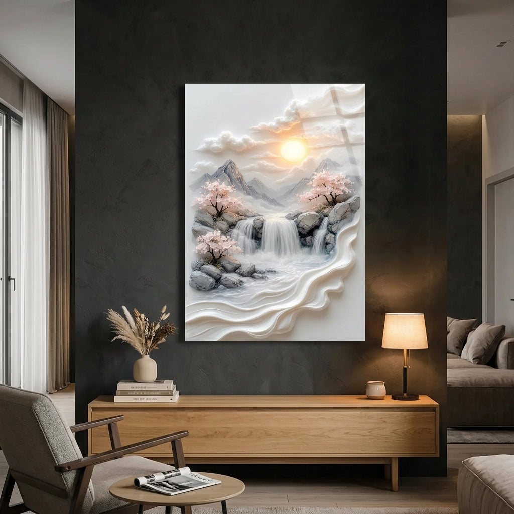 Cascata di Montagna e Fiori Quadro in Vetro Temperato