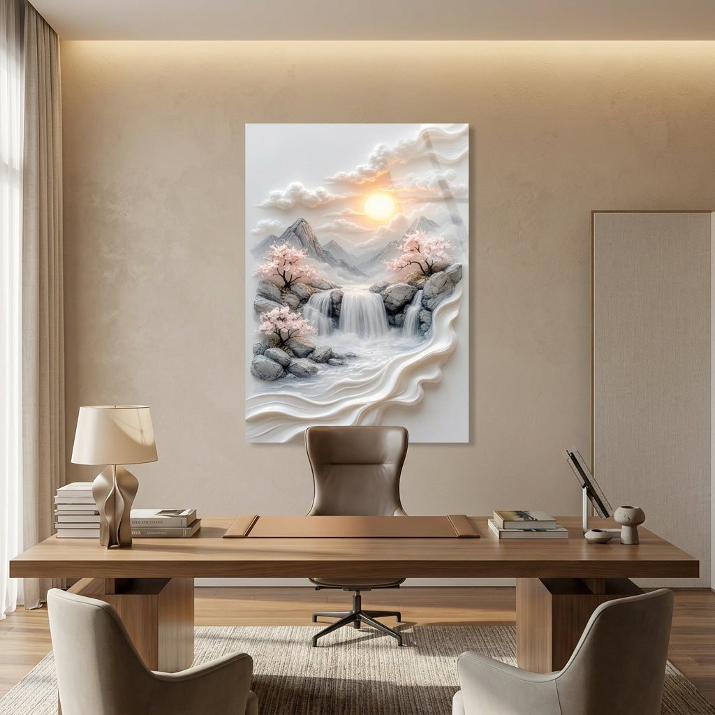 Cascata di Montagna e Fiori Quadro in Vetro Temperato
