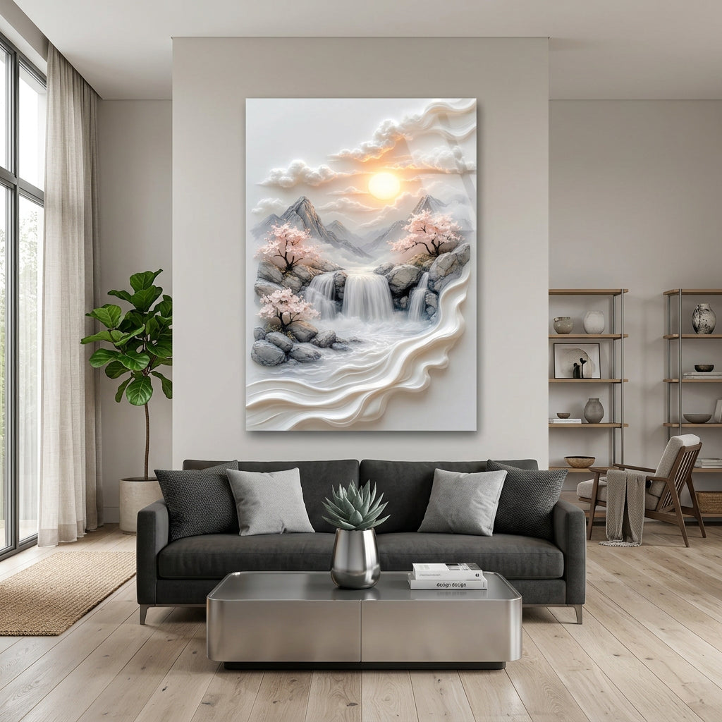 Cascata di Montagna e Fiori Quadro in Vetro Temperato