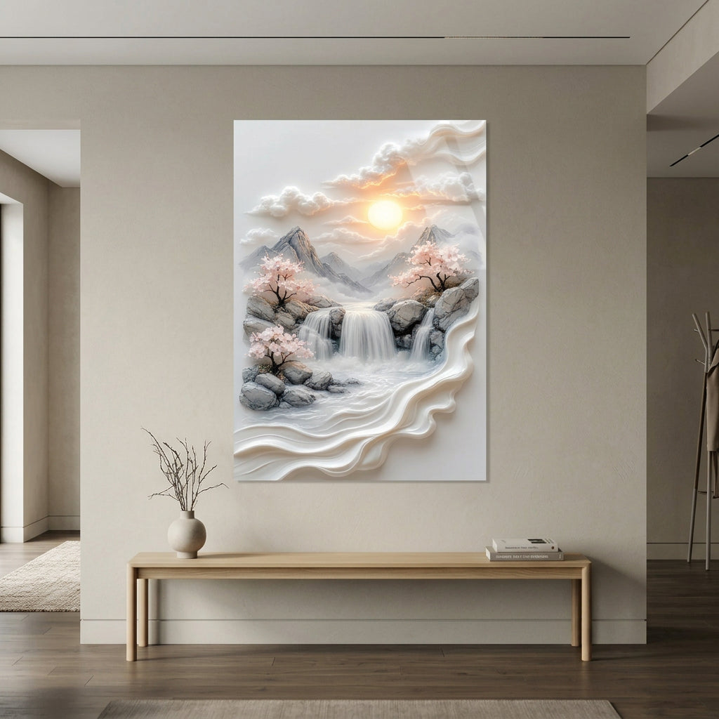 Cascata di Montagna e Fiori Quadro in Vetro Temperato
