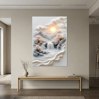 Cascata di Montagna e Fiori Quadro in Vetro Temperato