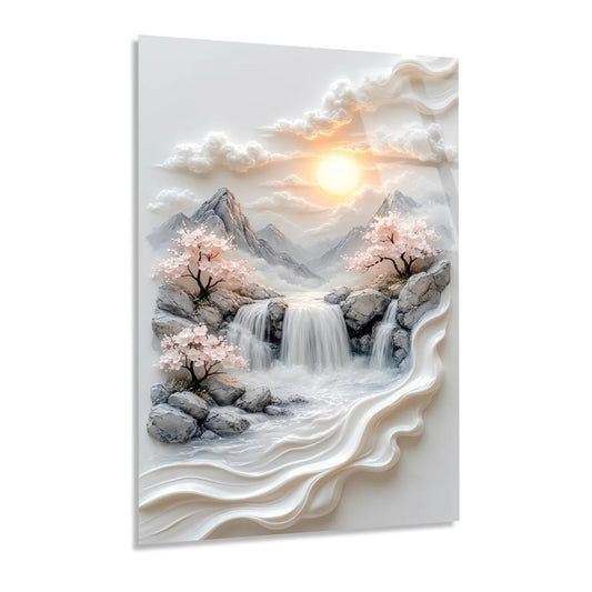 Mountain Waterfall and Blossoms Glass Wall Art