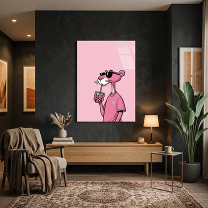 Pantera Rosa con Bubble Tea Quadro in Vetro Temperato