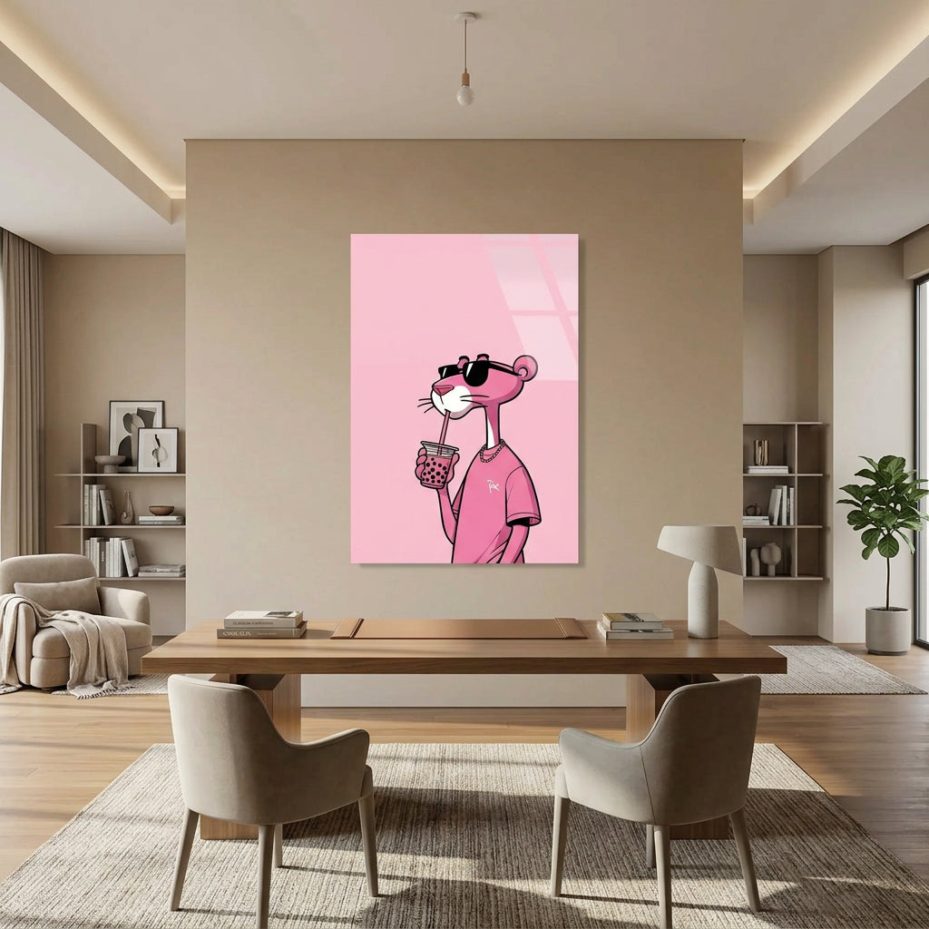 Pantera Rosa con Bubble Tea Quadro in Vetro Temperato