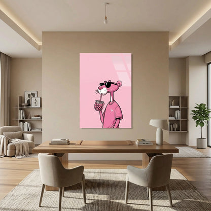 Pantera Rosa con Bubble Tea Quadro in Vetro Temperato