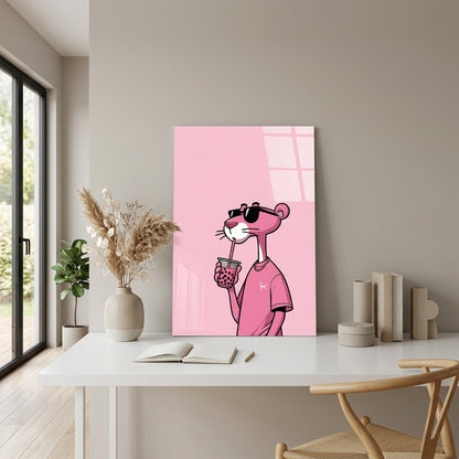 Pantera Rosa con Bubble Tea Quadro in Vetro Temperato