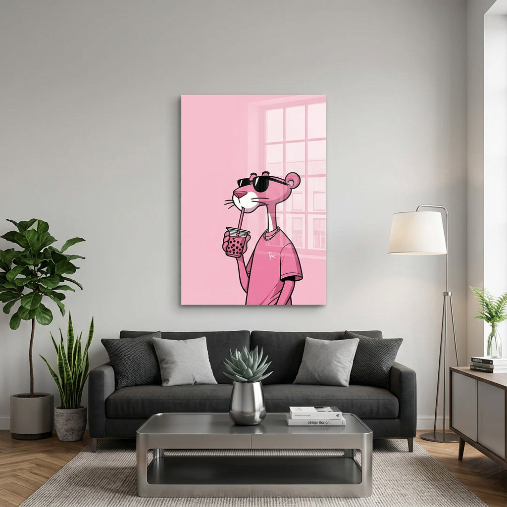 Pantera Rosa con Bubble Tea Quadro in Vetro Temperato