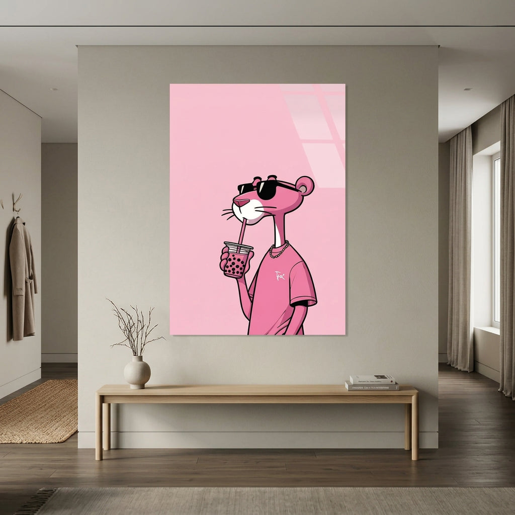 Pantera Rosa con Bubble Tea Quadro in Vetro Temperato