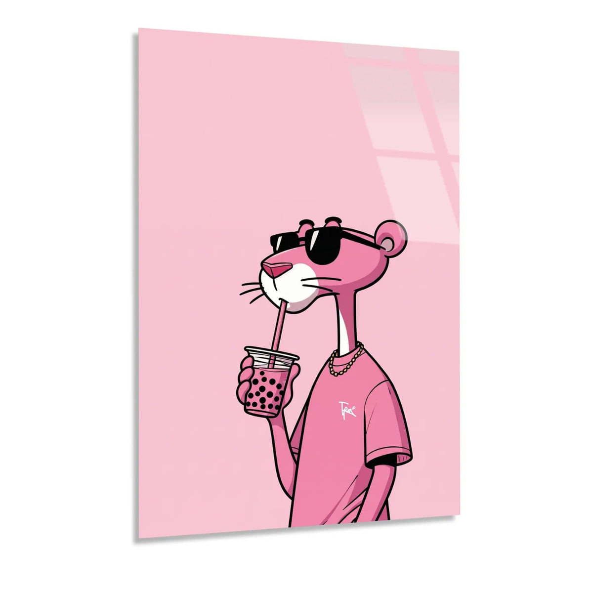 Pantera Rosa con Bubble Tea Quadro in Vetro Temperato