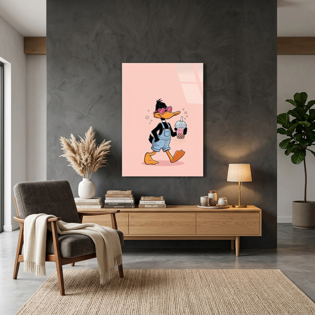 Daffy Duck au Bubble Tea Tableau en Verre Trempé