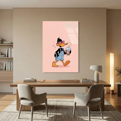 Daffy Duck au Bubble Tea Tableau en Verre Trempé