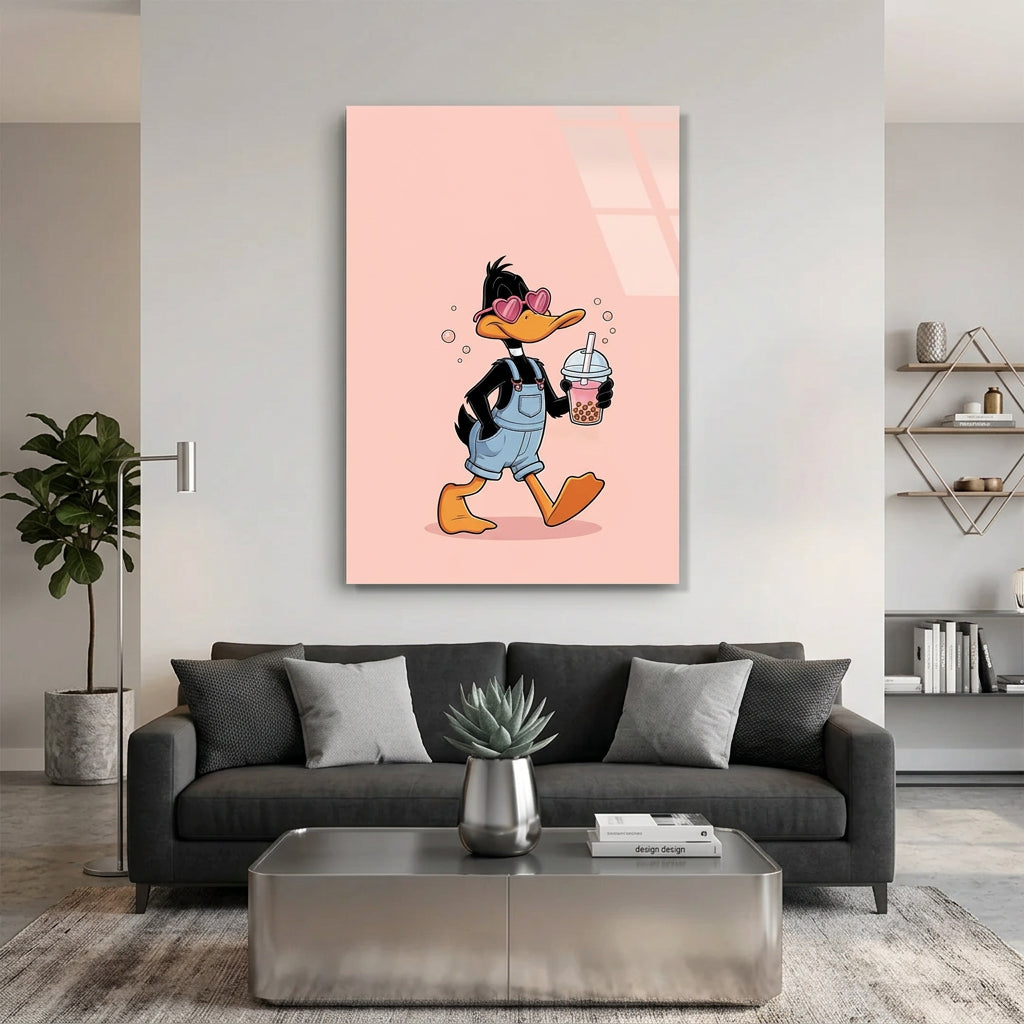 Daffy Duck au Bubble Tea Tableau en Verre Trempé
