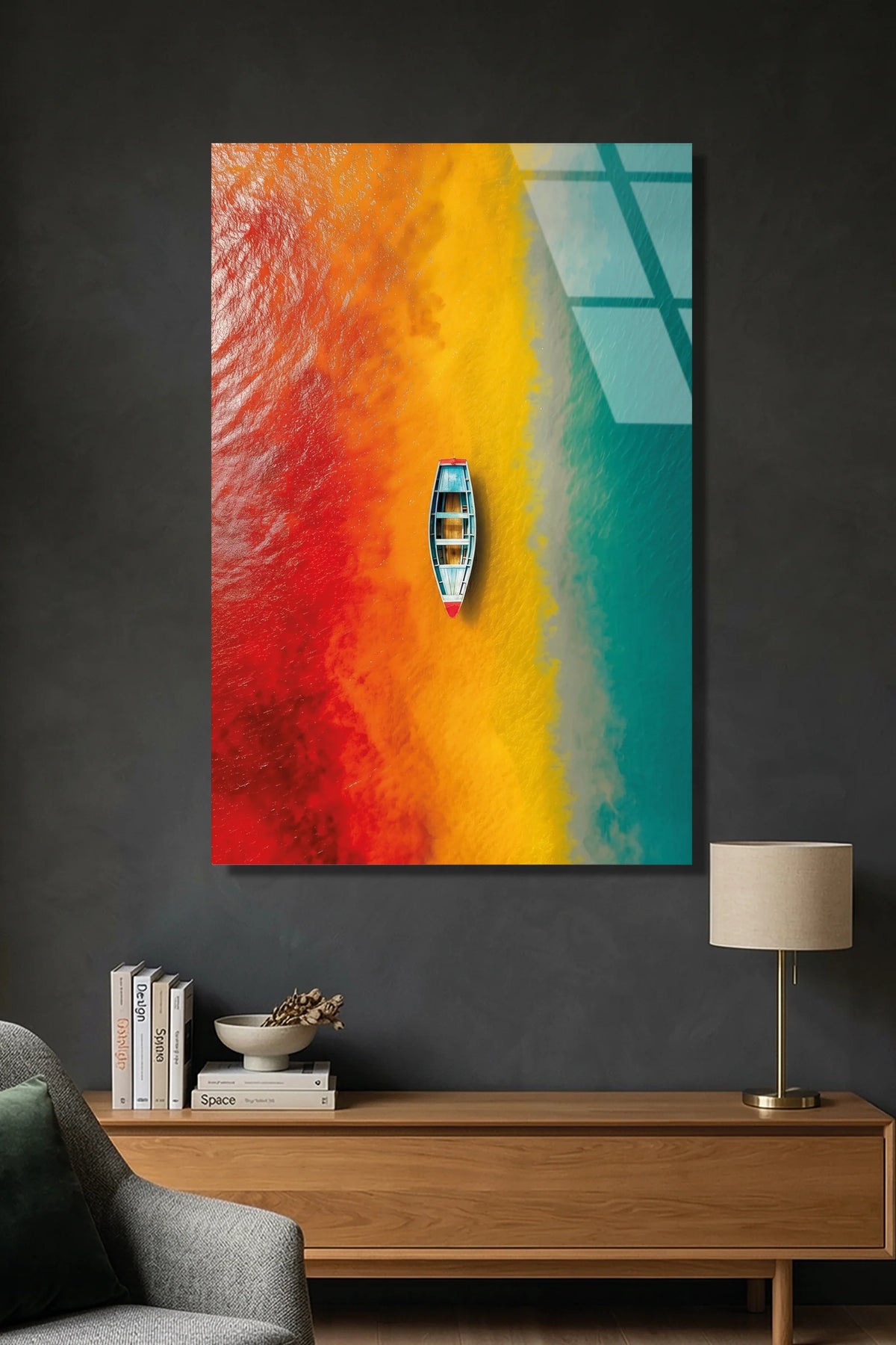 Barque sur Eau Multicolore Tableau en Verre Trempé