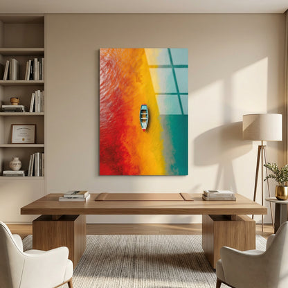 Barque sur Eau Multicolore Tableau en Verre Trempé