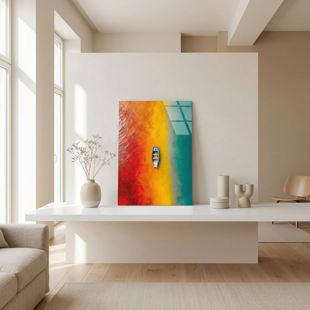 Barque sur Eau Multicolore Tableau en Verre Trempé