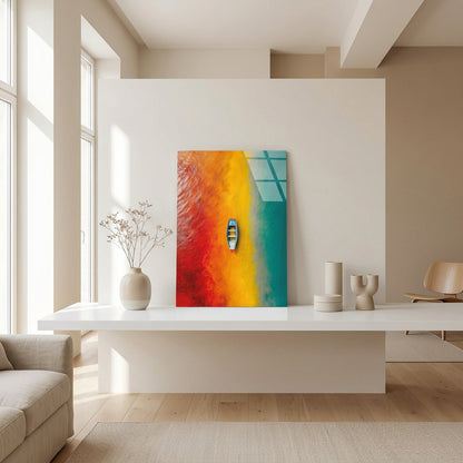 Barque sur Eau Multicolore Tableau en Verre Trempé
