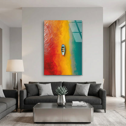 Barque sur Eau Multicolore Tableau en Verre Trempé