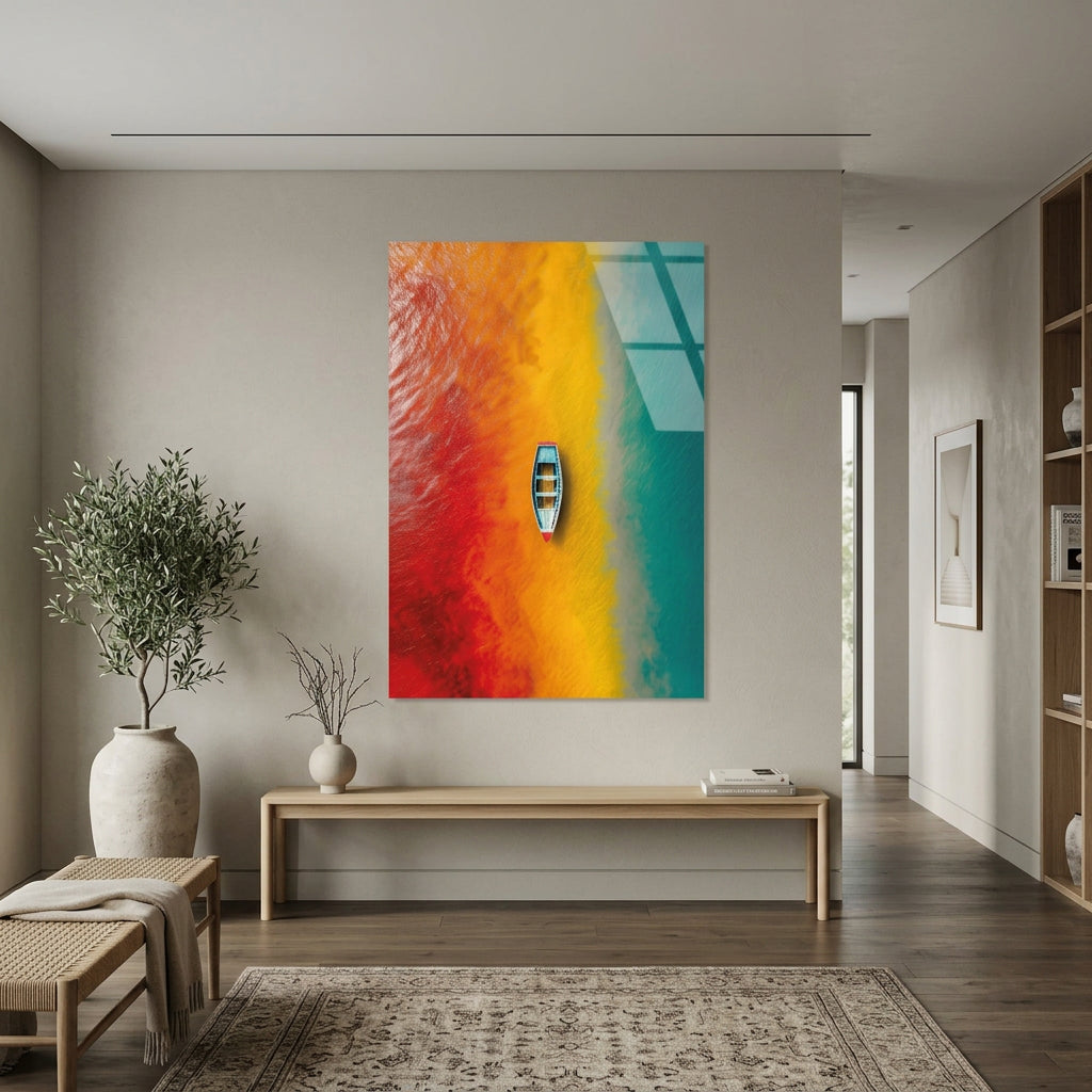 Barque sur Eau Multicolore Tableau en Verre Trempé