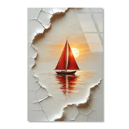 Red Sailboat at Sunset Glass Wall Art