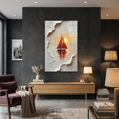 Red Sailboat at Sunset Glass Wall Art