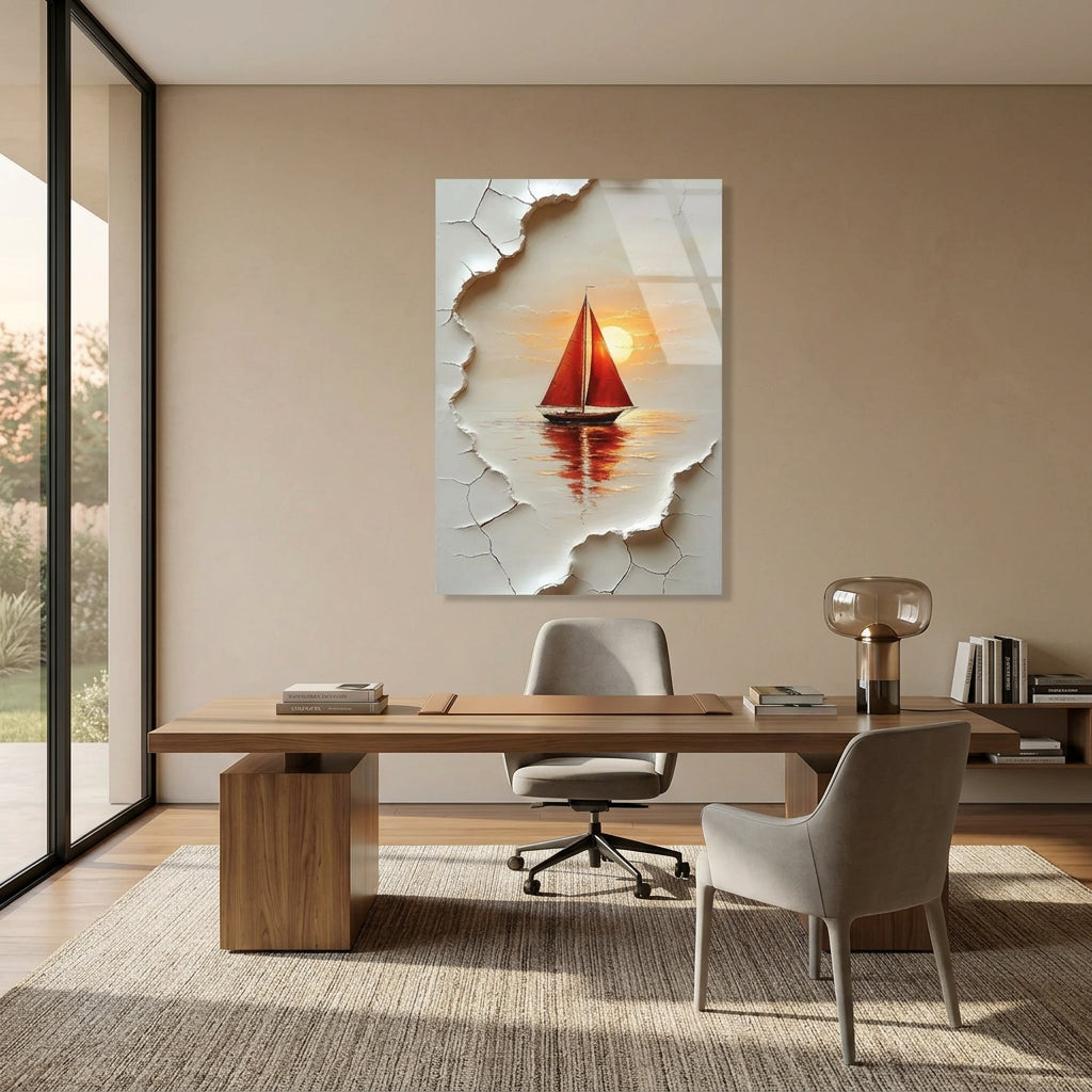 Red Sailboat at Sunset Glass Wall Art