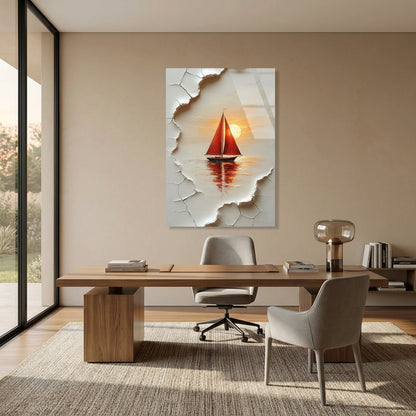 Red Sailboat at Sunset Glass Wall Art