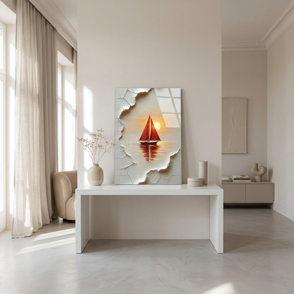 Red Sailboat at Sunset Glass Wall Art