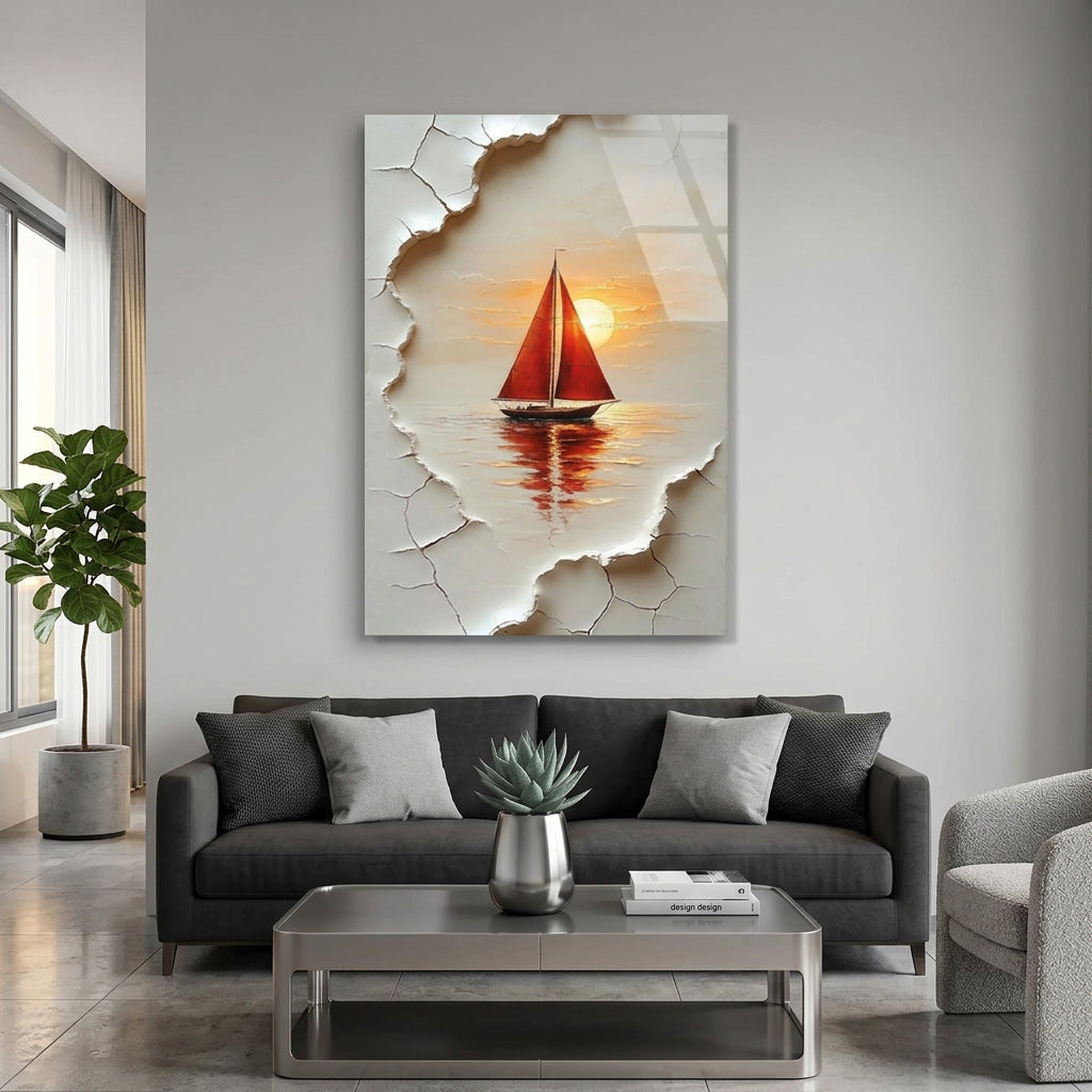 Red Sailboat at Sunset Glass Wall Art