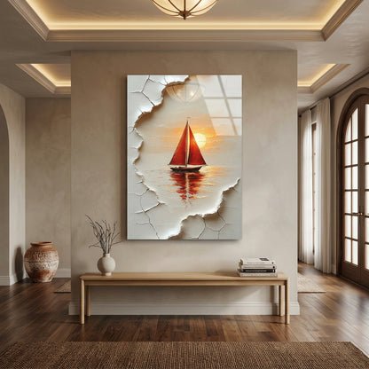 Red Sailboat at Sunset Glass Wall Art