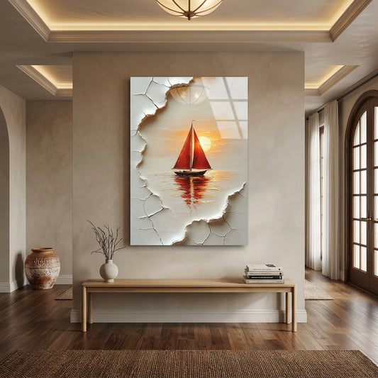 Voilier Rouge au Coucher du Soleil Tableau en Verre Trempé