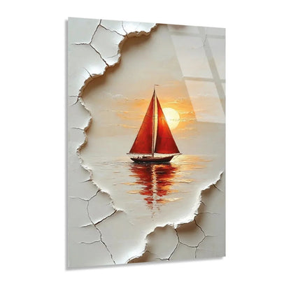 Red Sailboat at Sunset Glass Wall Art