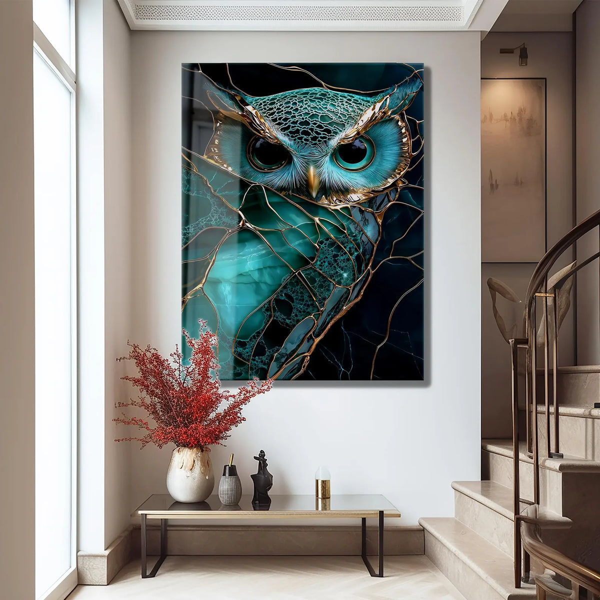 Gufo Turchese Quadro in Vetro Temperato