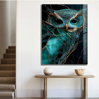Gufo Turchese Quadro in Vetro Temperato
